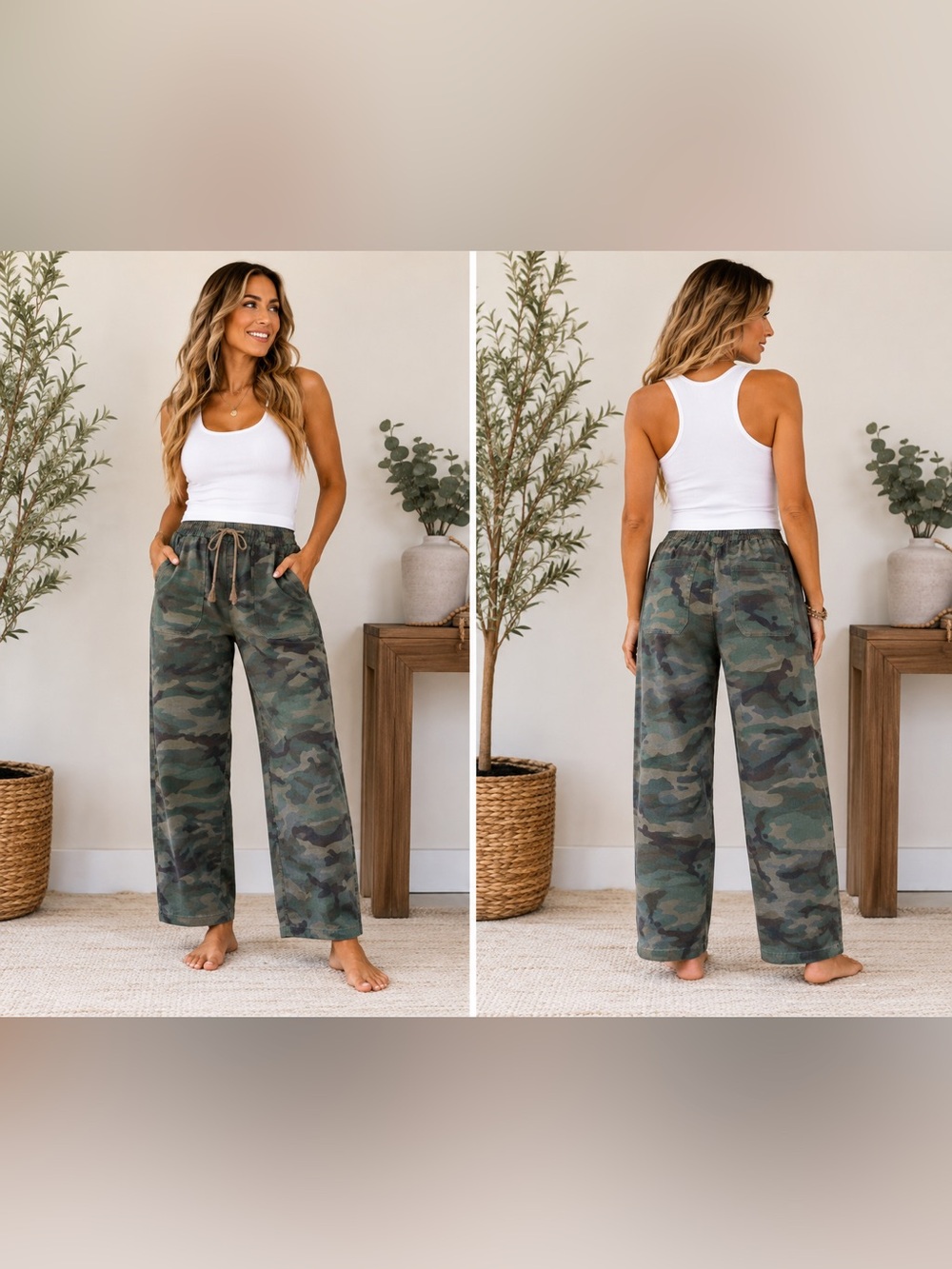 Flamingals Barrel leg Camo Drawstring Pants - Green Camo